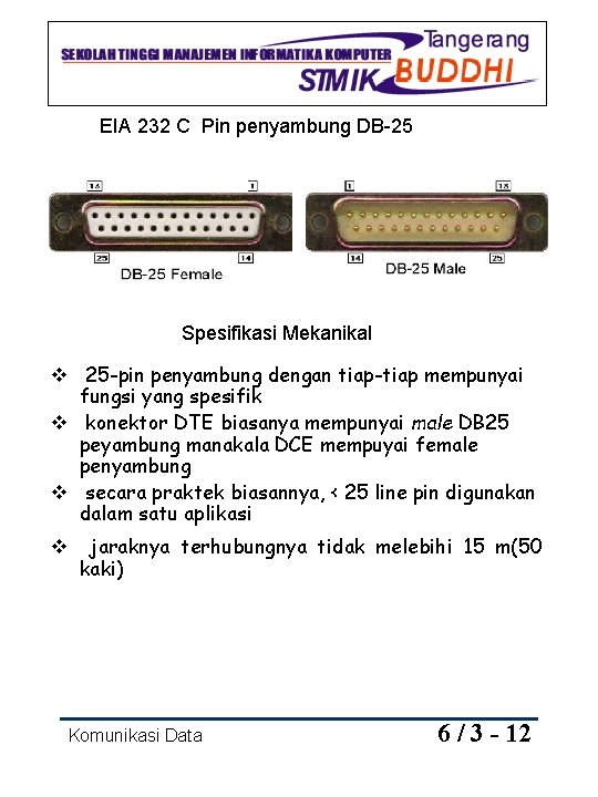 EIA 232 C Pin penyambung DB-25 Spesifikasi Mekanikal v 25 -pin penyambung dengan tiap-tiap