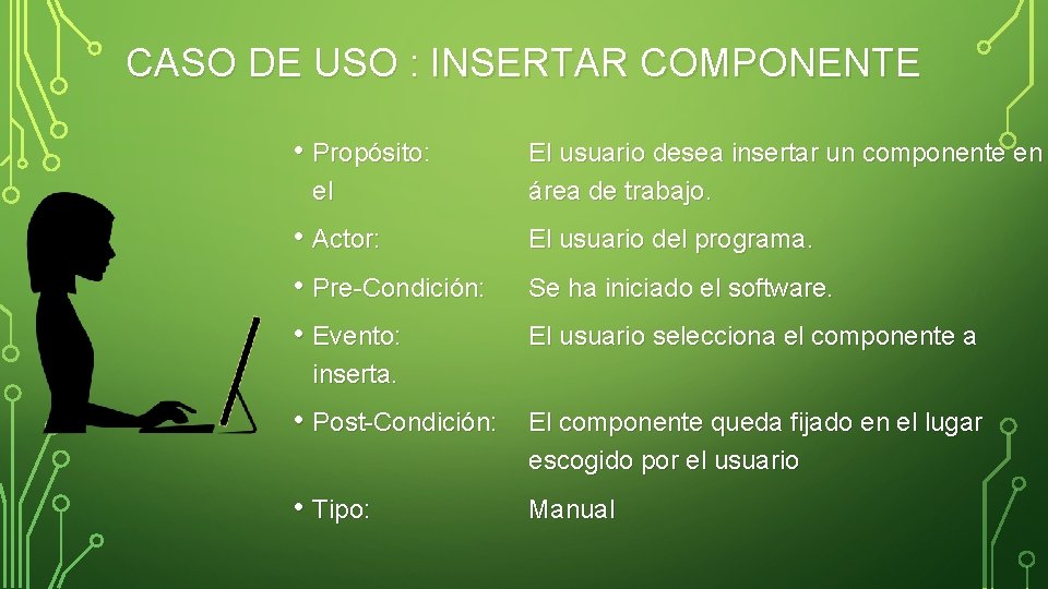 CASO DE USO : INSERTAR COMPONENTE • Propósito: el • Actor: • Pre-Condición: •