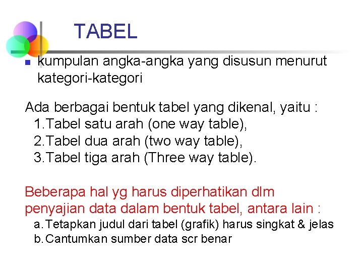 TABEL n kumpulan angka-angka yang disusun menurut kategori-kategori Ada berbagai bentuk tabel yang dikenal,