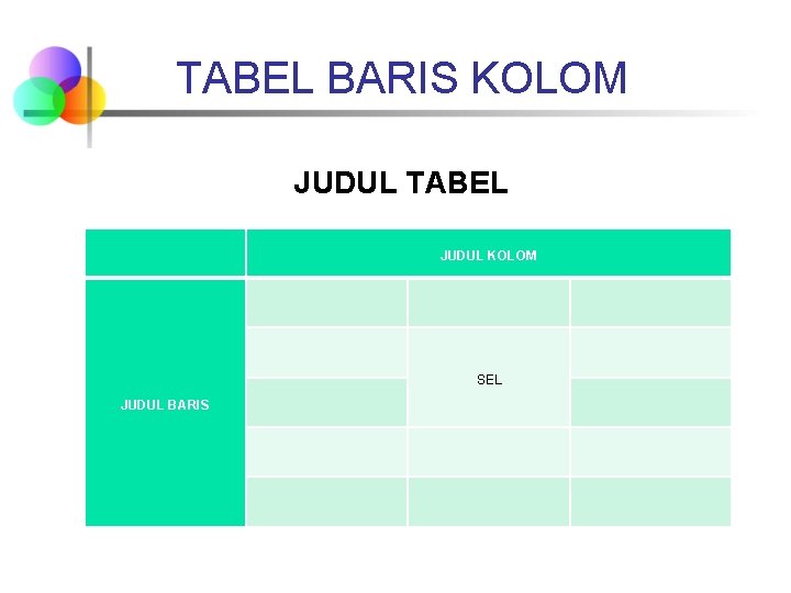 TABEL BARIS KOLOM JUDUL TABEL JUDUL KOLOM SEL JUDUL BARIS 