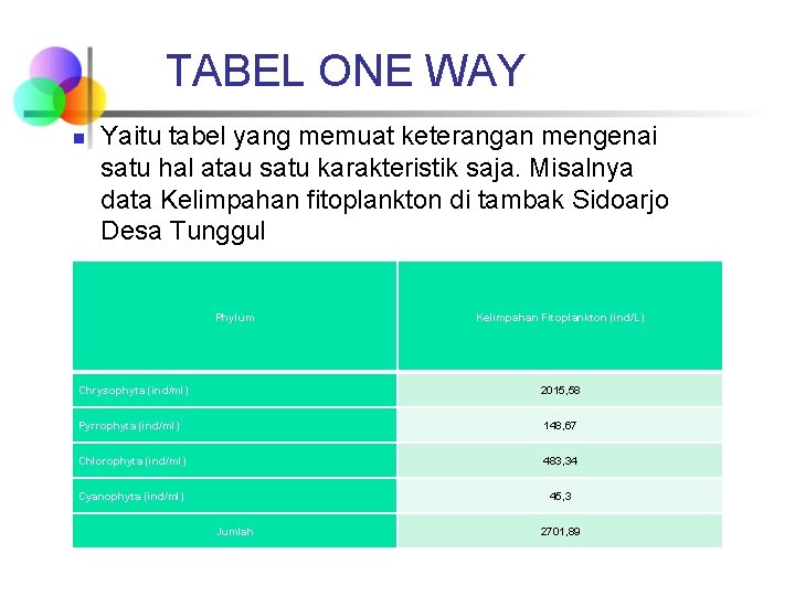 TABEL ONE WAY n Yaitu tabel yang memuat keterangan mengenai satu hal atau satu