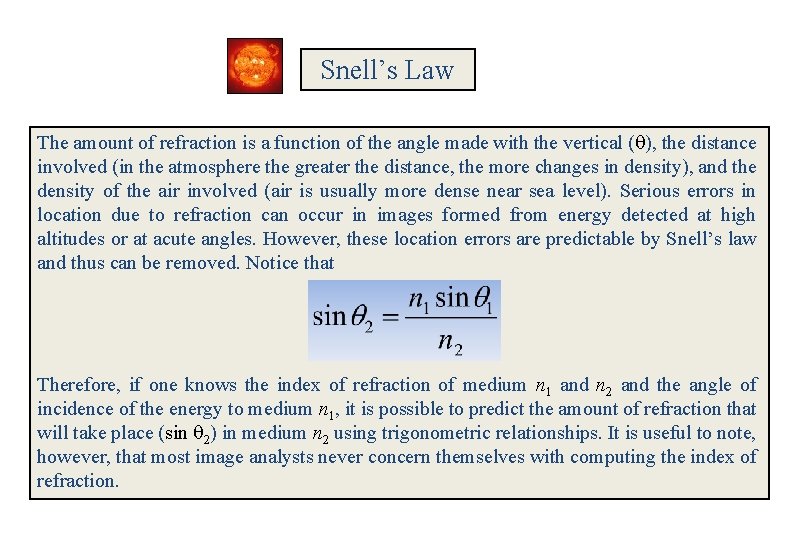 Snell’s Law The amount of refraction is a function of the angle made with