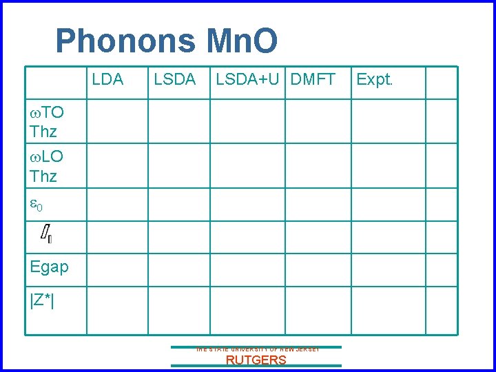 Phonons Mn. O LDA LSDA+U DMFT w. TO Thz w. LO Thz e 0