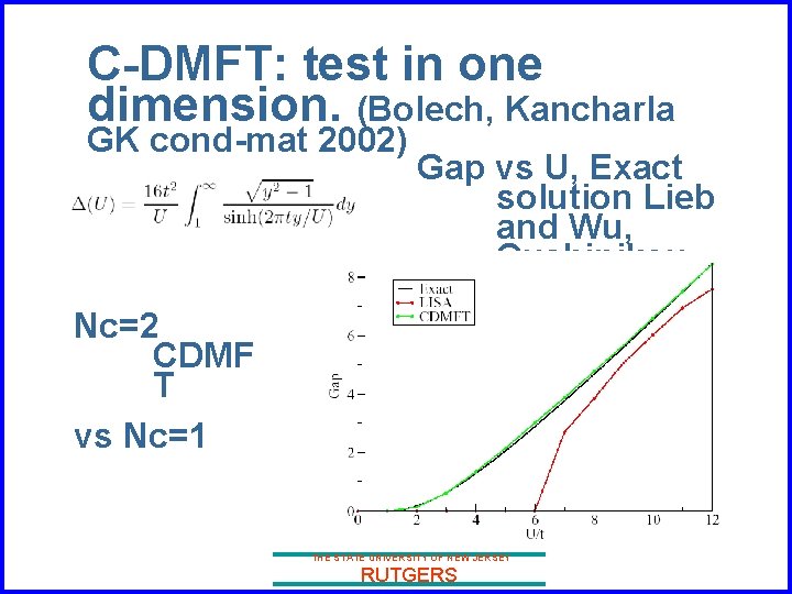 C-DMFT: test in one dimension. (Bolech, Kancharla GK cond-mat 2002) Gap vs U, Exact
