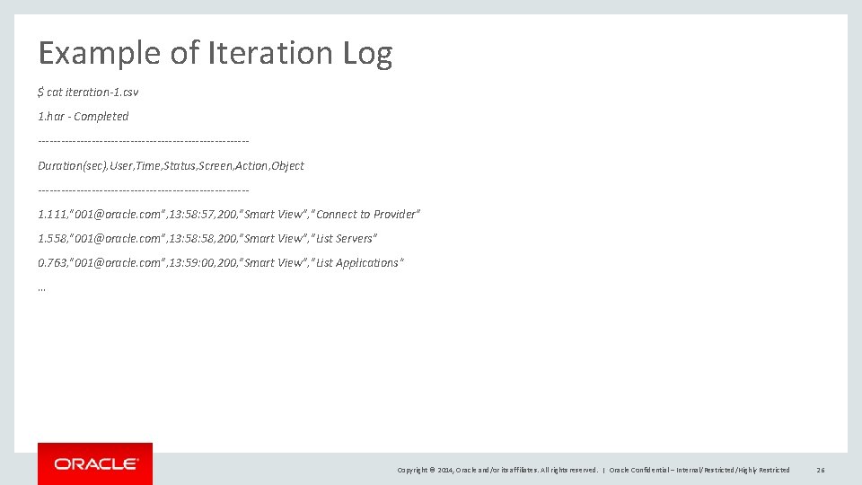 Example of Iteration Log $ cat iteration-1. csv 1. har - Completed ---------------------------Duration(sec), User,