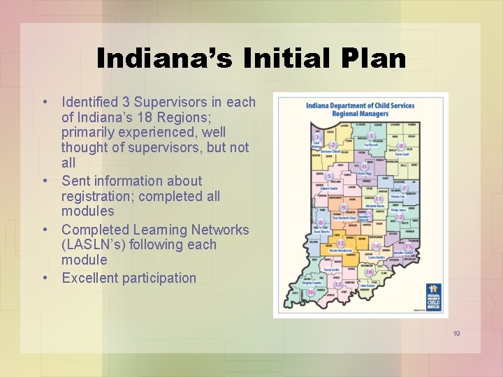Indiana’s Initial Plan • Identified 3 Supervisors in each of Indiana’s 18 Regions; primarily