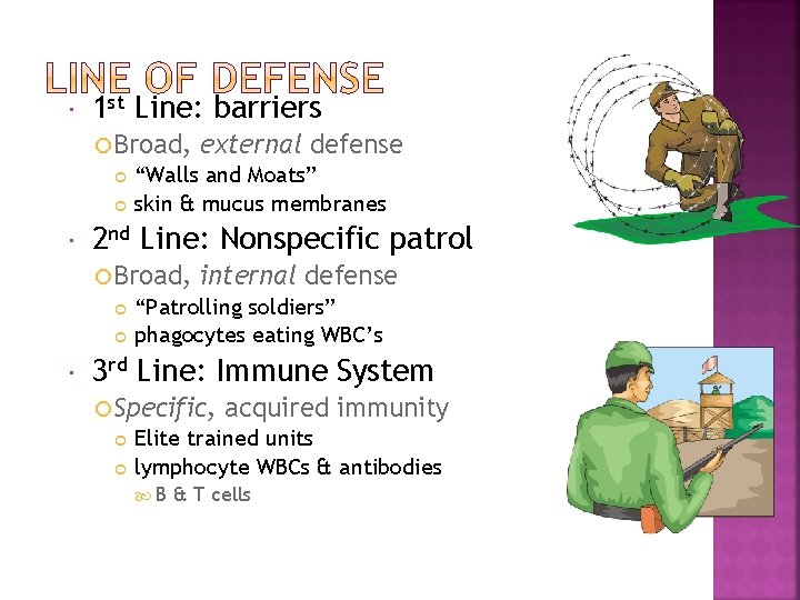  1 st Line: barriers Broad, external defense “Walls and Moats” skin & mucus