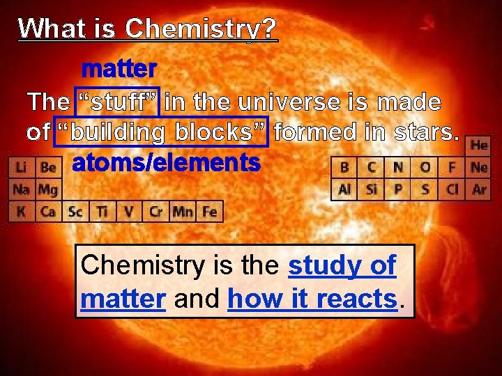 What is Chemistry? matter The “stuff” in the universe is made of “building blocks”