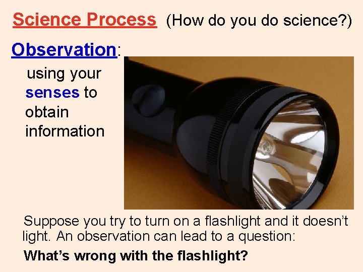 Science Process (How do you do science? ) Observation: using your senses to obtain