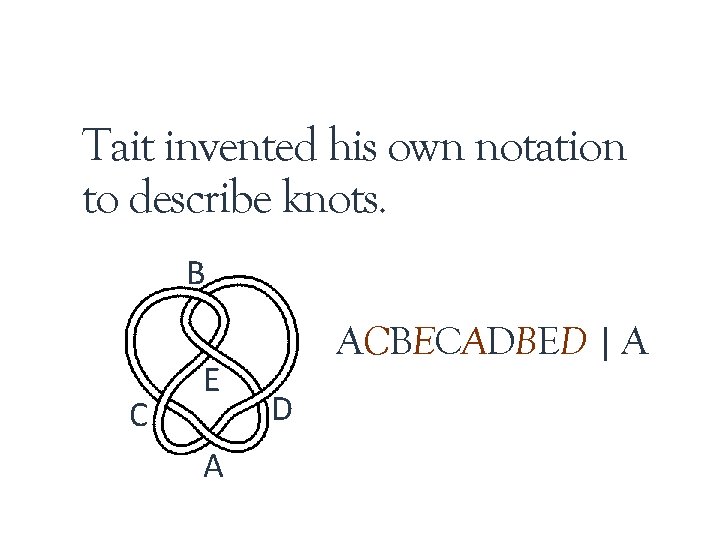 Tait invented his own notation to describe knots. B C E A ACBECADBED |