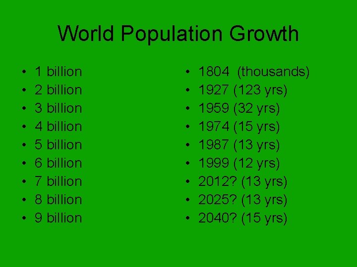 World Population Growth • • • 1 billion 2 billion 3 billion 4 billion