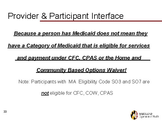 Provider & Participant Interface Because a person has Medicaid does not mean they have