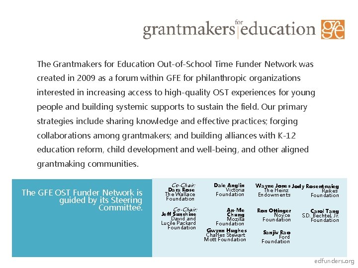 The Grantmakers for Education Out-of-School Time Funder Network was created in 2009 as a