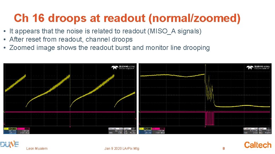 Ch 16 droops at readout (normal/zoomed) • It appears that the noise is related