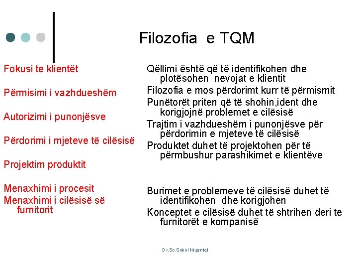 Filozofia e TQM Fokusi te klientët Përmisimi i vazhdueshëm Autorizimi i punonjësve Përdorimi i