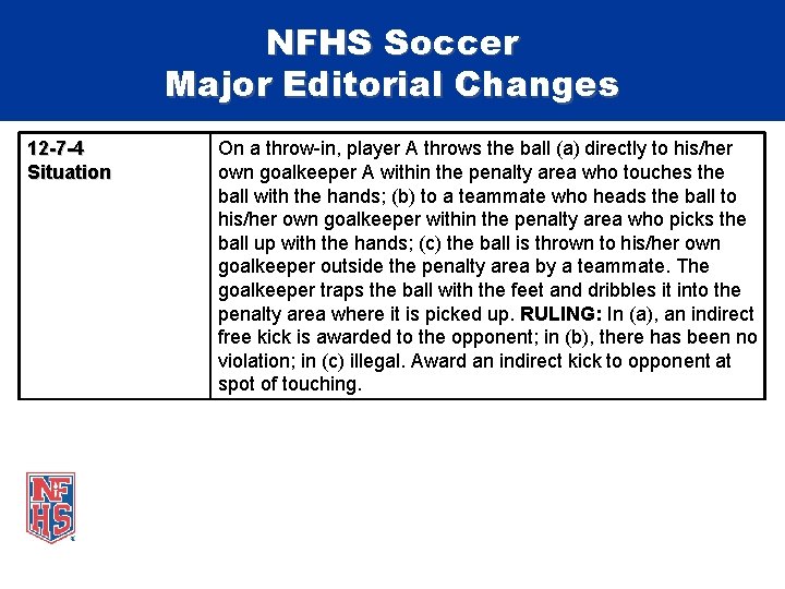 NFHS Soccer Major Editorial Changes 12 -7 -4 Situation On a throw-in, player A