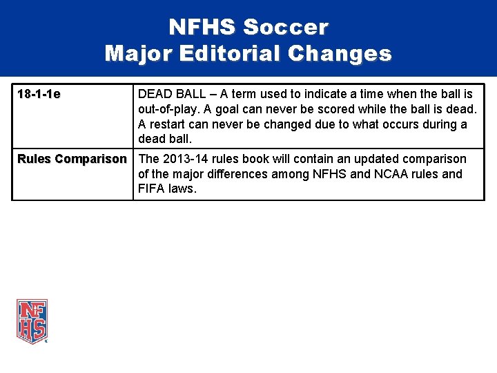 NFHS Soccer Major Editorial Changes 18 -1 -1 e DEAD BALL – A term