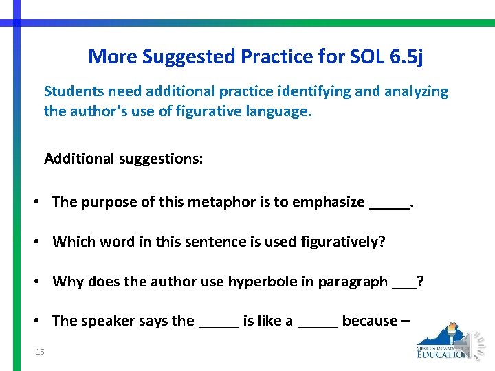 More Suggested Practice for SOL 6. 5 j Students need additional practice identifying and
