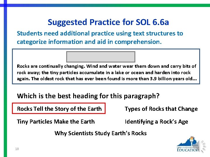 Suggested Practice for SOL 6. 6 a Students need additional practice using text structures