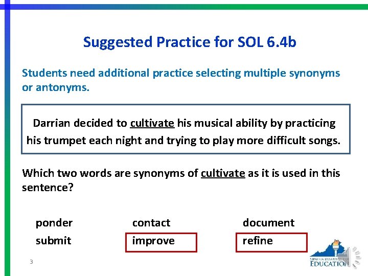 Suggested Practice for SOL 6. 4 b Students need additional practice selecting multiple synonyms