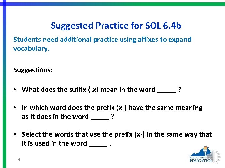 Suggested Practice for SOL 6. 4 b Students need additional practice using affixes to
