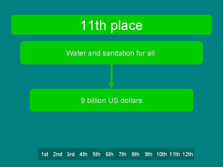 11 th place Water and sanitation for all 9 billion US dollars 1 st