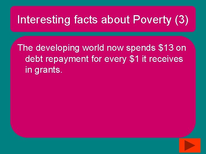 Interesting facts about Poverty (3) The developing world now spends $13 on debt repayment