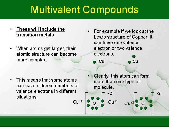 Multivalent Compounds • These will include the transition metals • When atoms get larger,