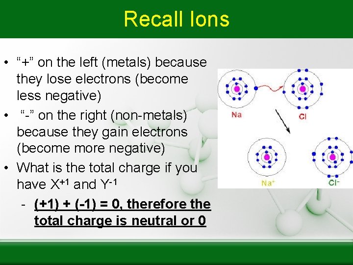 Recall Ions • “+” on the left (metals) because they lose electrons (become less