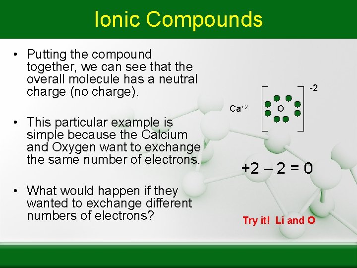 Ionic Compounds • Putting the compound together, we can see that the overall molecule