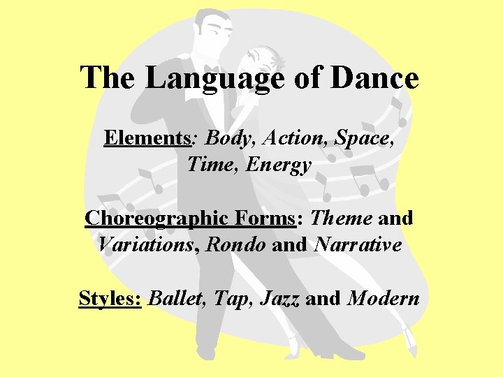 The Language of Dance Elements: Body, Action, Space, Time, Energy Choreographic Forms: Theme and