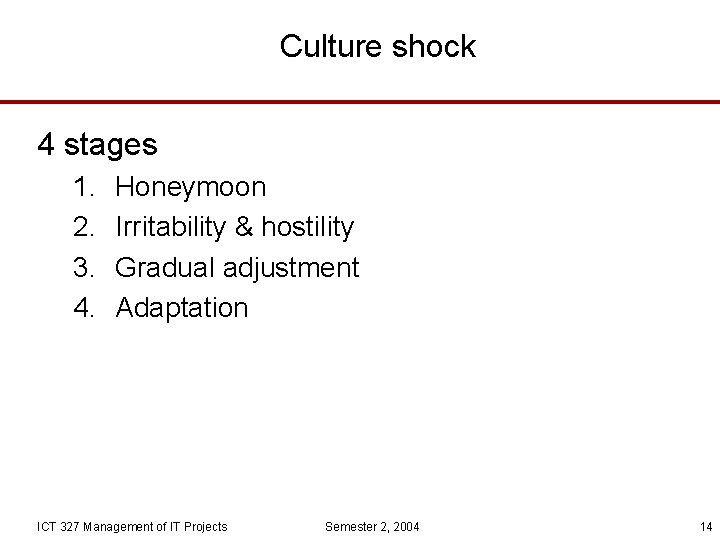 Culture shock 4 stages 1. 2. 3. 4. Honeymoon Irritability & hostility Gradual adjustment