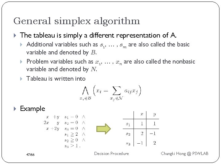 General simplex algorithm The tableau is simply a different representation of A. Additional variables