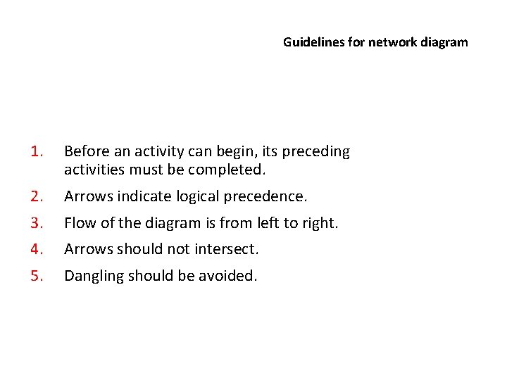 Guidelines for network diagram 1. Before an activity can begin, its preceding activities must