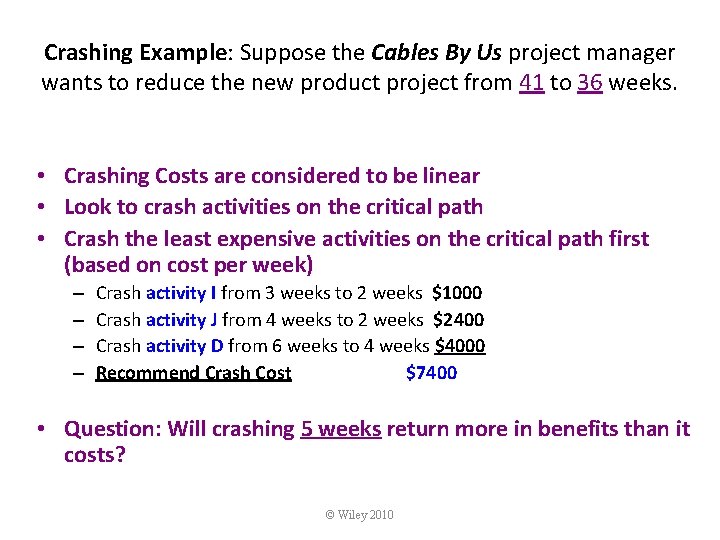 Crashing Example: Suppose the Cables By Us project manager wants to reduce the new