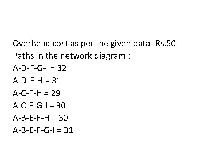 Overhead cost as per the given data- Rs. 50 Paths in the network diagram