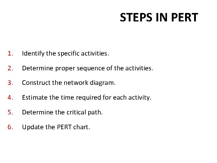 STEPS IN PERT 1. Identify the specific activities. 2. Determine proper sequence of the