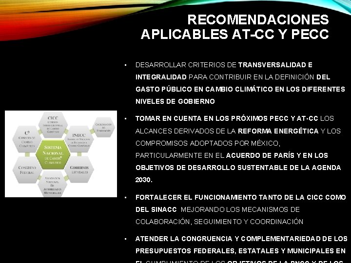 RECOMENDACIONES APLICABLES AT-CC Y PECC • DESARROLLAR CRITERIOS DE TRANSVERSALIDAD E INTEGRALIDAD PARA CONTRIBUIR