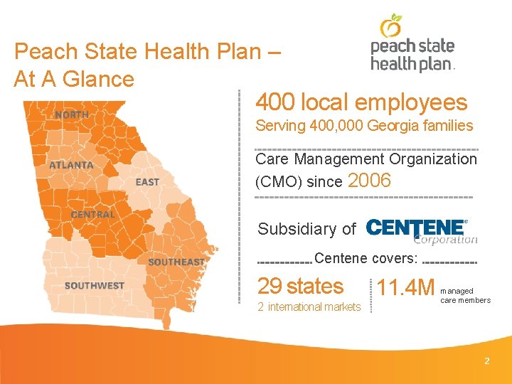 Peach State Health Plan – At A Glance 400 local employees Serving 400, 000