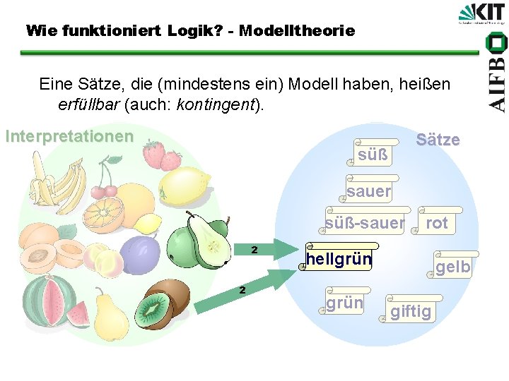 Wie funktioniert Logik? - Modelltheorie Eine Sätze, die (mindestens ein) Modell haben, heißen erfüllbar