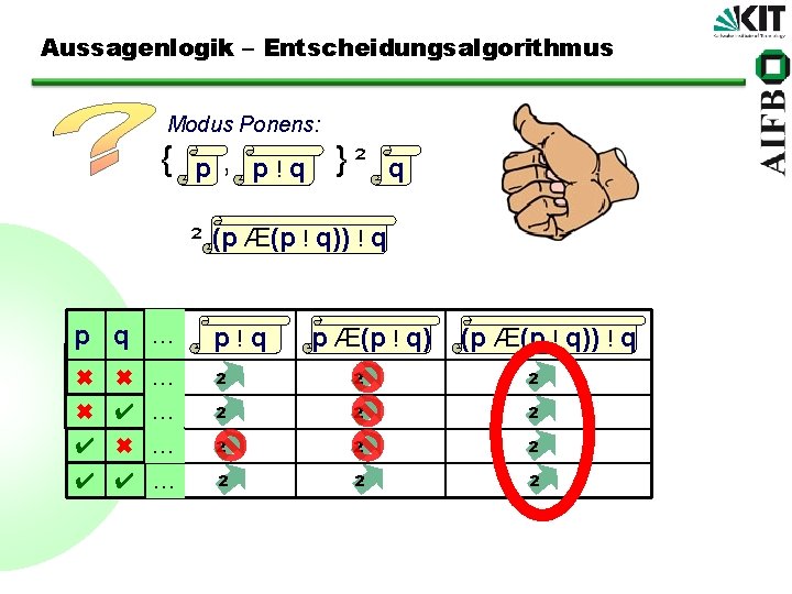 Aussagenlogik – Entscheidungsalgorithmus Modus Ponens: { p , p!q }² q ² (p Æ(p