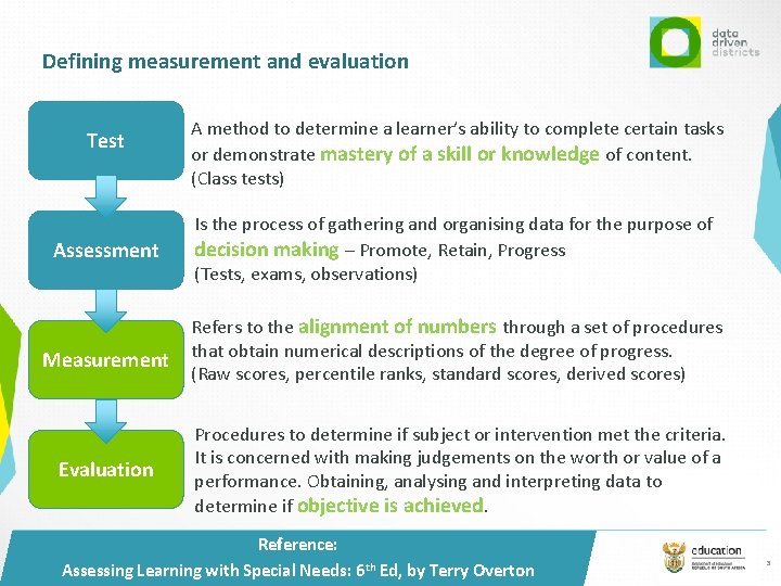 Defining measurement and evaluation Test Assessment Measurement Evaluation A method to determine a learner’s