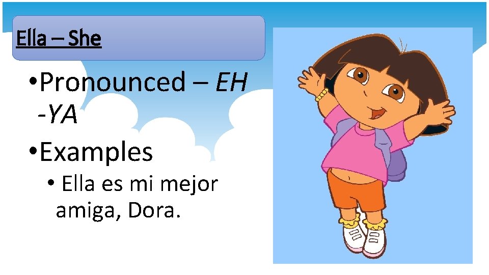 Ella – She • Pronounced – EH -YA • Examples • Ella es mi Ella – She • Pronounced – EH -YA • Examples • Ella es mi