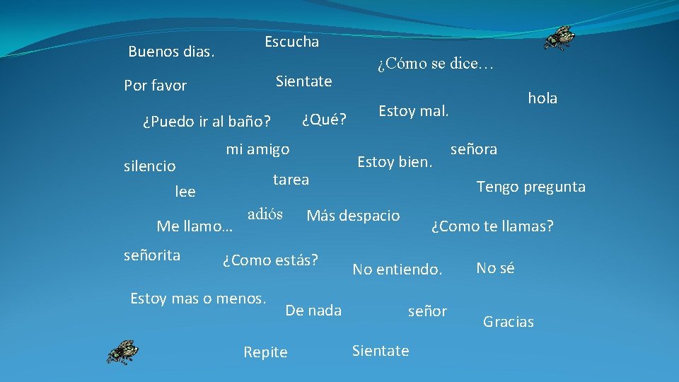 Escucha Buenos dias. Sientate Por favor ¿Qué? ¿Puedo ir al baño? silencio mi amigo Escucha Buenos dias. Sientate Por favor ¿Qué? ¿Puedo ir al baño? silencio mi amigo