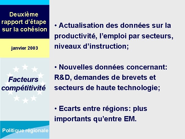 Deuxième rapport d’étape sur la cohésion janvier 2003 Facteurs compétitivité • Actualisation des données