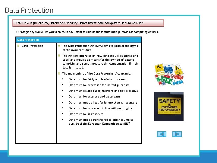 Data Protection LO 4: How legal, ethical, safety and security issues affect how computers