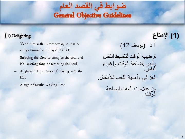  ﺿﻮﺍﺑﻂ ﻓﻲ ﺍﻟﻘﺼﺪ ﺍﻟﻌﺎﻡ General Objective Guidelines (1) Delighting – “Send him with