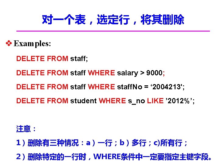 对一个表，选定行，将其删除 v Examples: DELETE FROM staff; DELETE FROM staff WHERE salary > 9000; DELETE