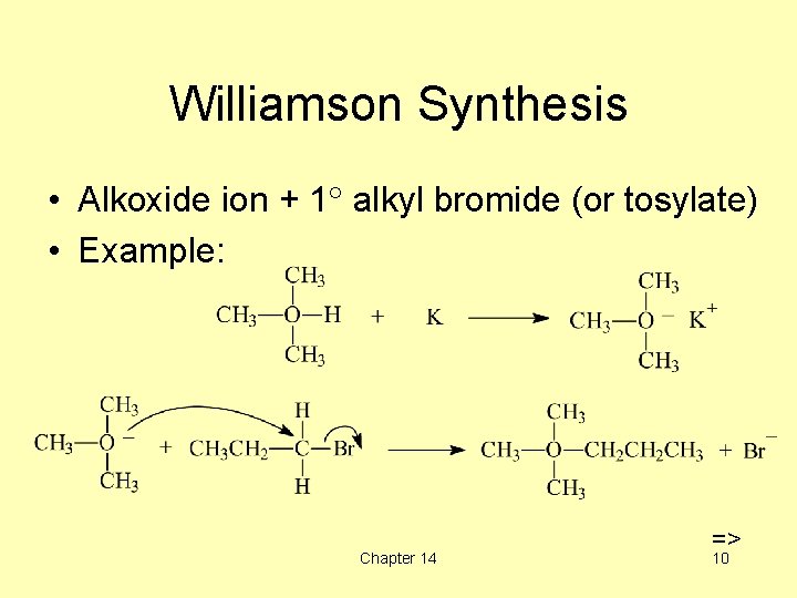 Williamson Synthesis • Alkoxide ion + 1 alkyl bromide (or tosylate) • Example: Chapter