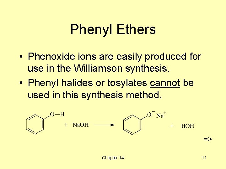 Phenyl Ethers • Phenoxide ions are easily produced for use in the Williamson synthesis.